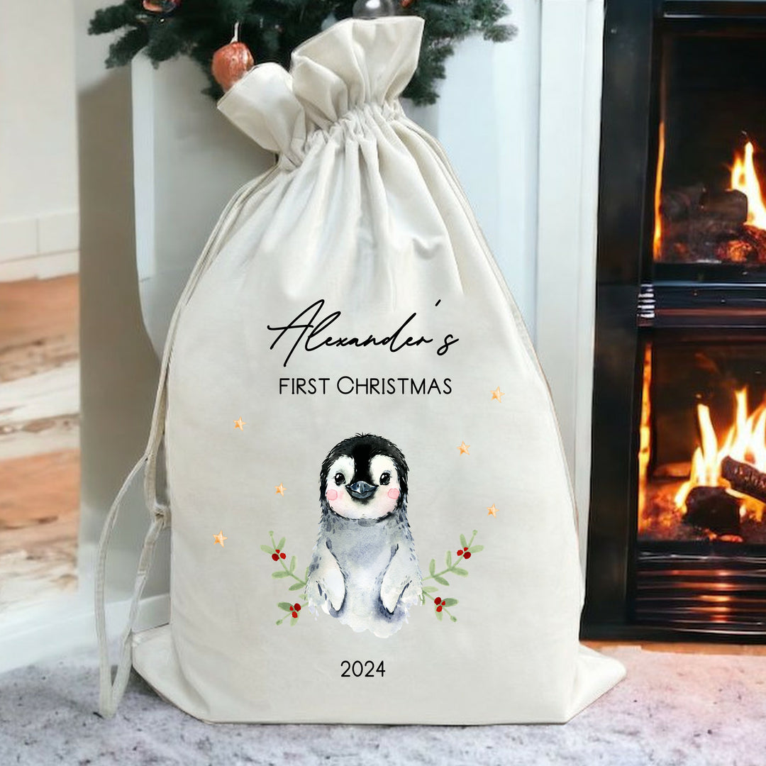 Personalised Christmas Penguin Christmas Stocking or Santa Sack