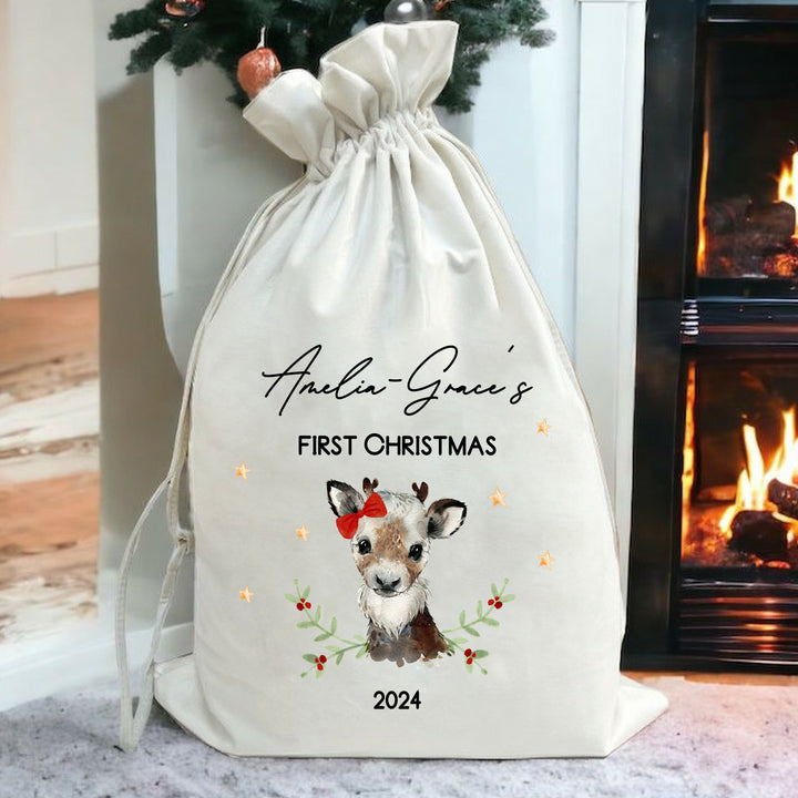 Personalised Girl Deer Christmas Stocking or Santa Sack