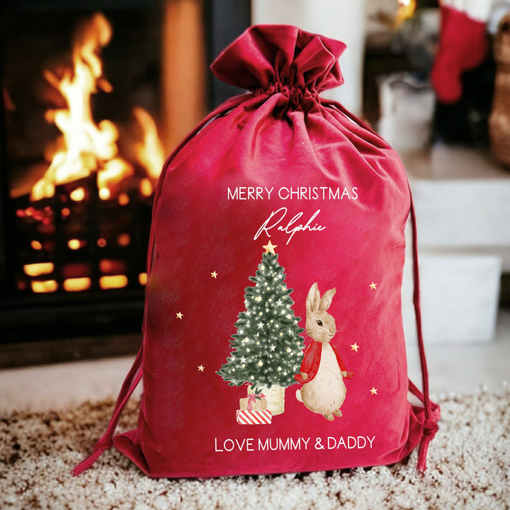 Personalised Red Rabbit Christmas Stocking or Santa Sack