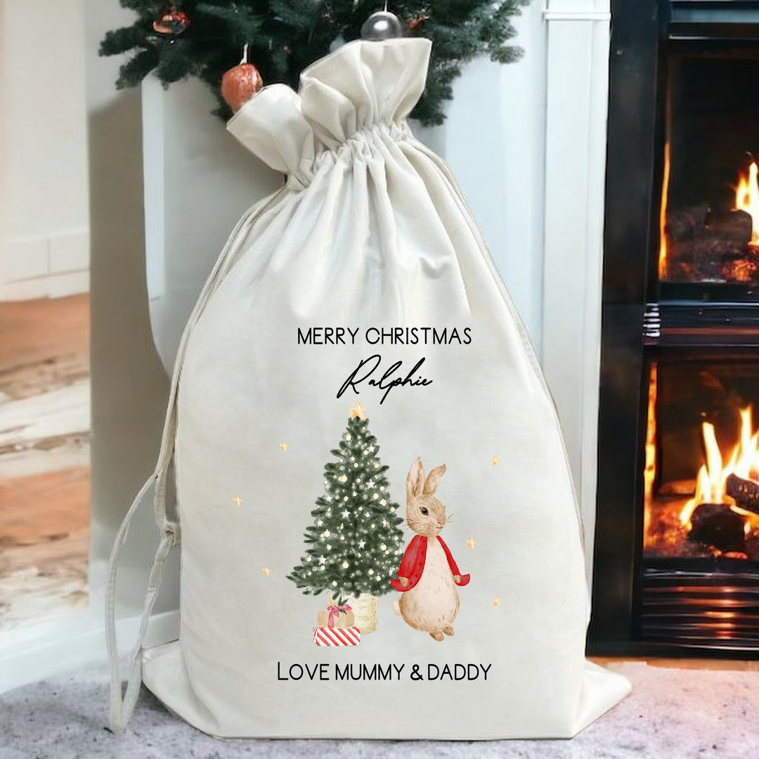 Personalised Red Rabbit Christmas Stocking or Santa Sack