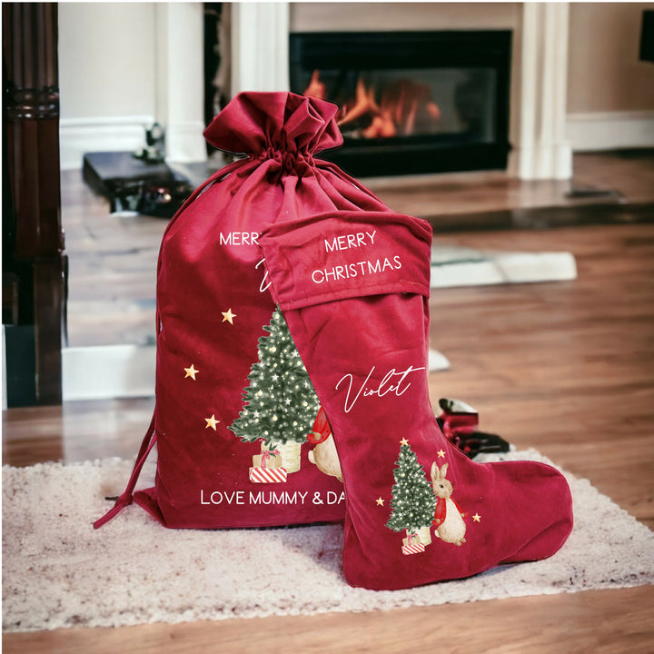 Personalised Red Rabbit Christmas Stocking or Santa Sack