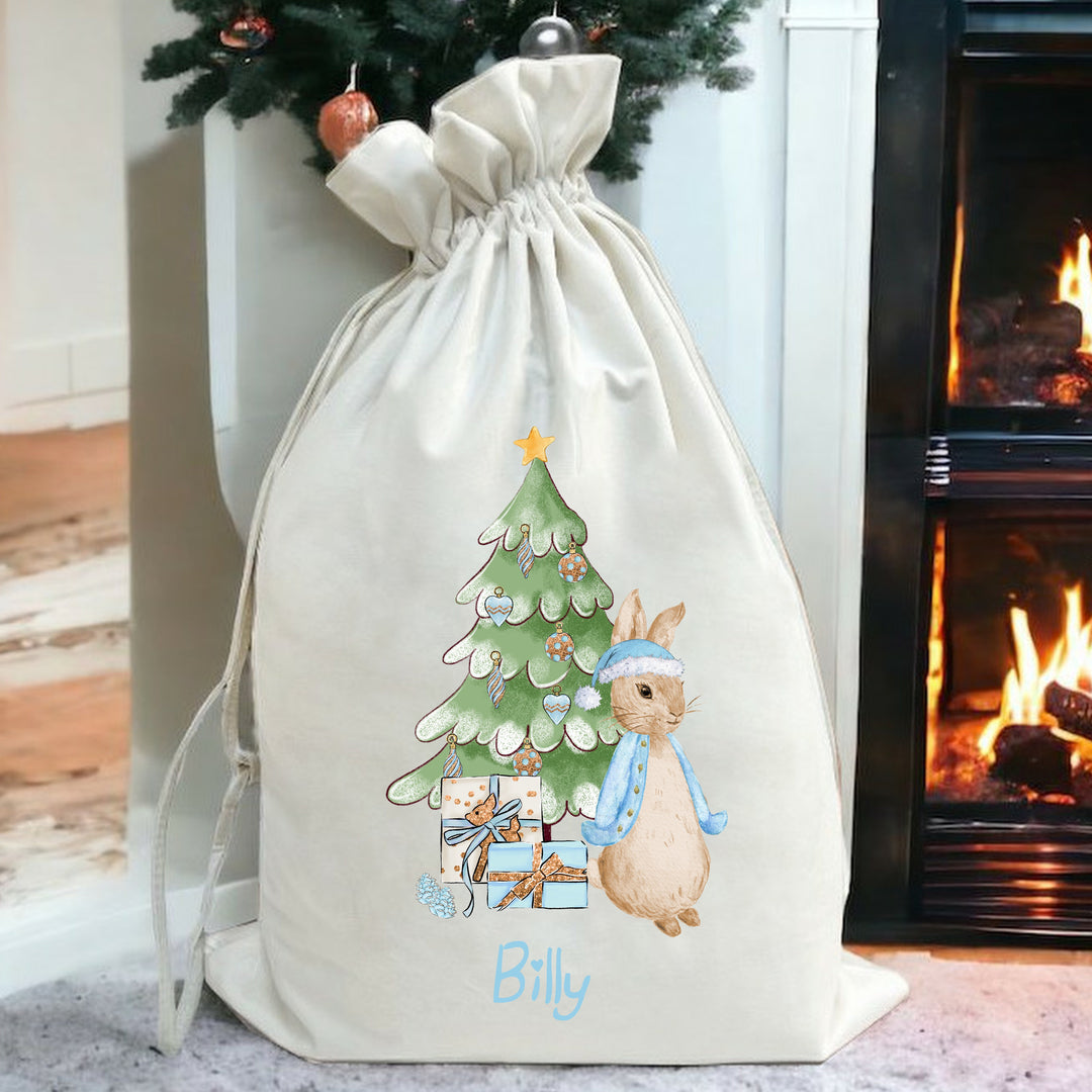 Personalised Blue Rabbit Christmas Stocking or Santa Sacks