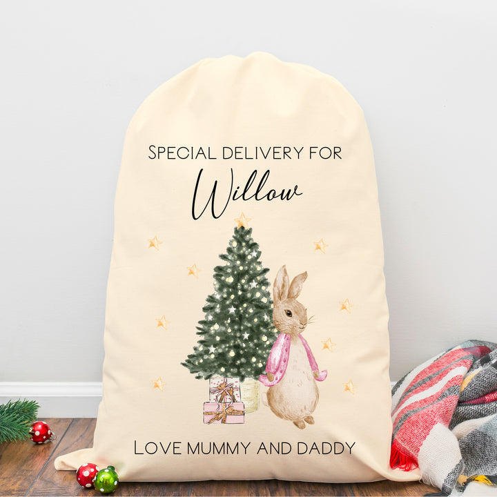 Personalised Red, Pink and Blue Rabbit Santa Sack