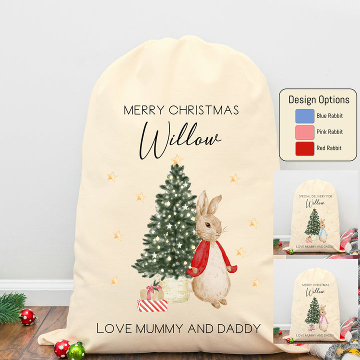 Personalised Red, Pink and Blue Rabbit Santa Sack