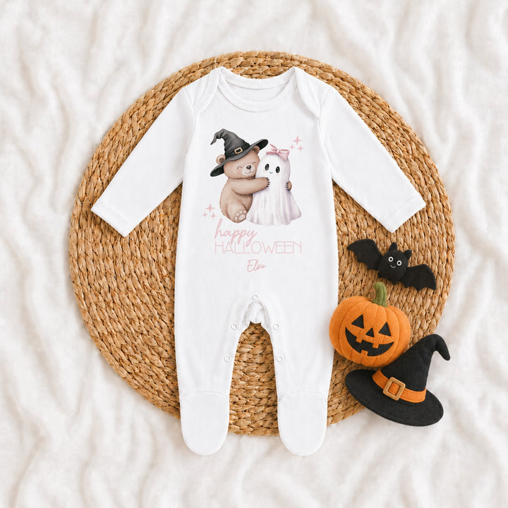 Personalised Pink Teddy Ghost My First Halloween Baby Grow or Vest