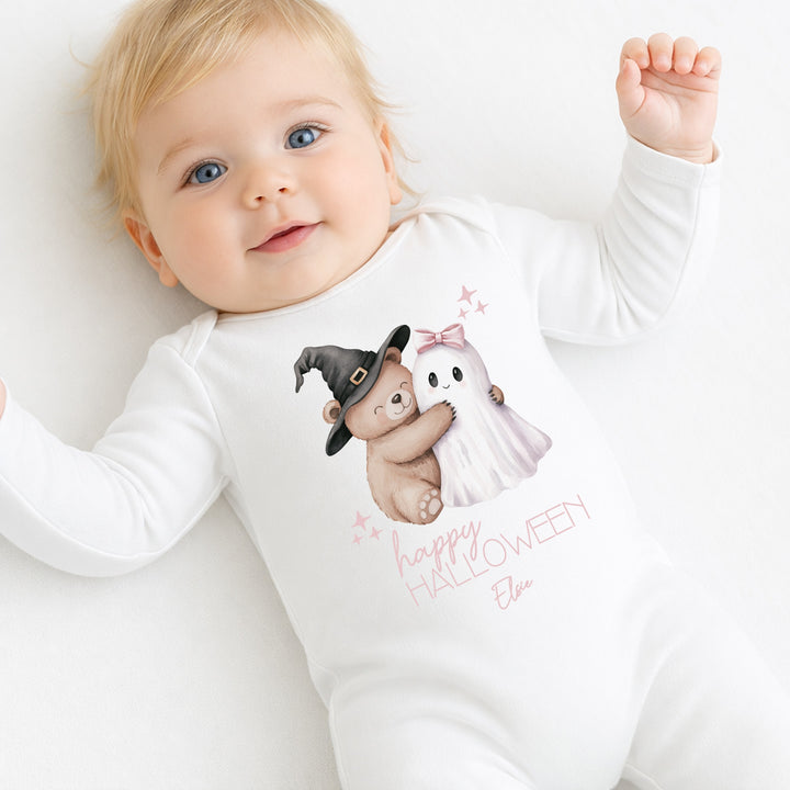 Personalised Pink Teddy Ghost My First Halloween Baby Grow or Vest