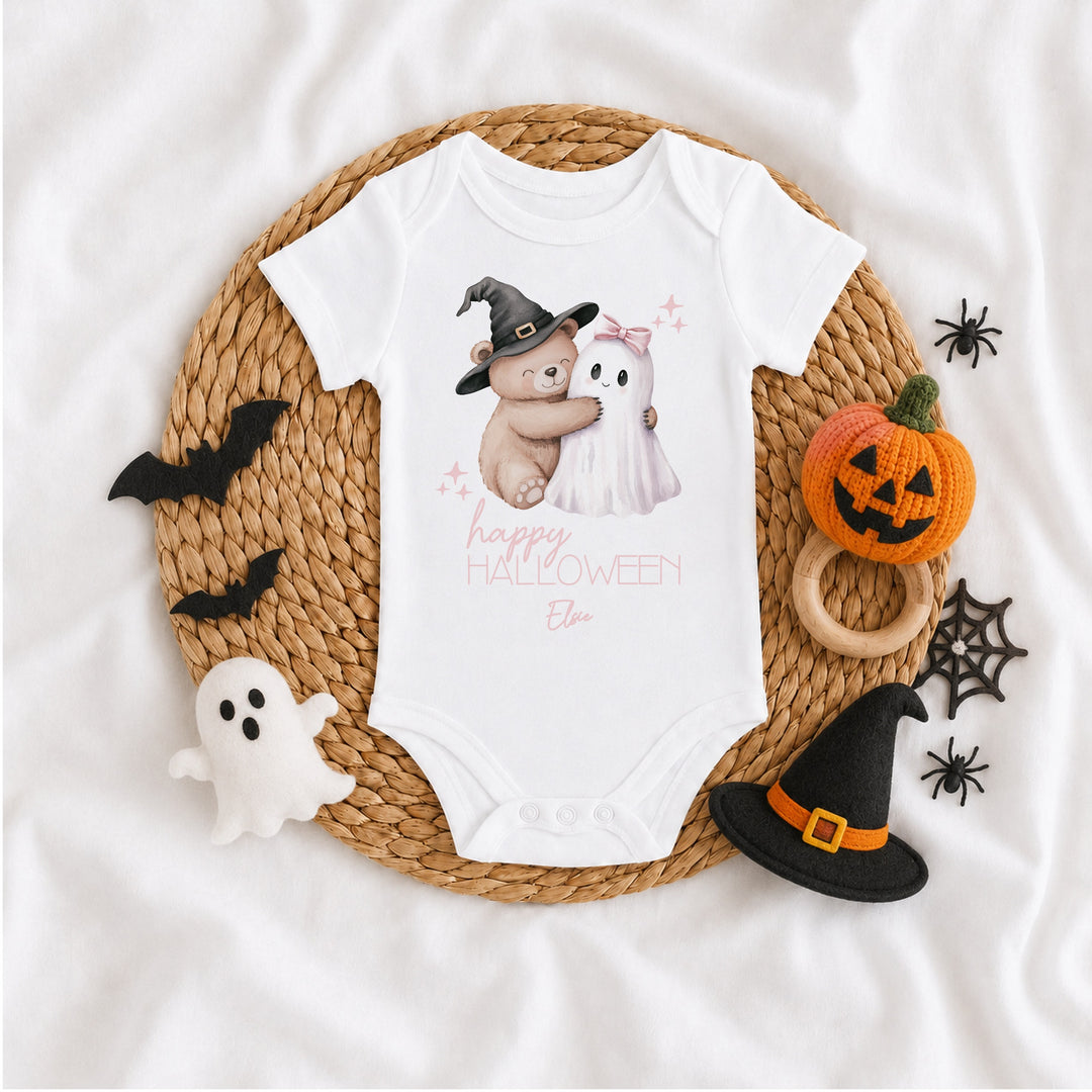 Personalised Pink Teddy Ghost My First Halloween Baby Grow or Vest
