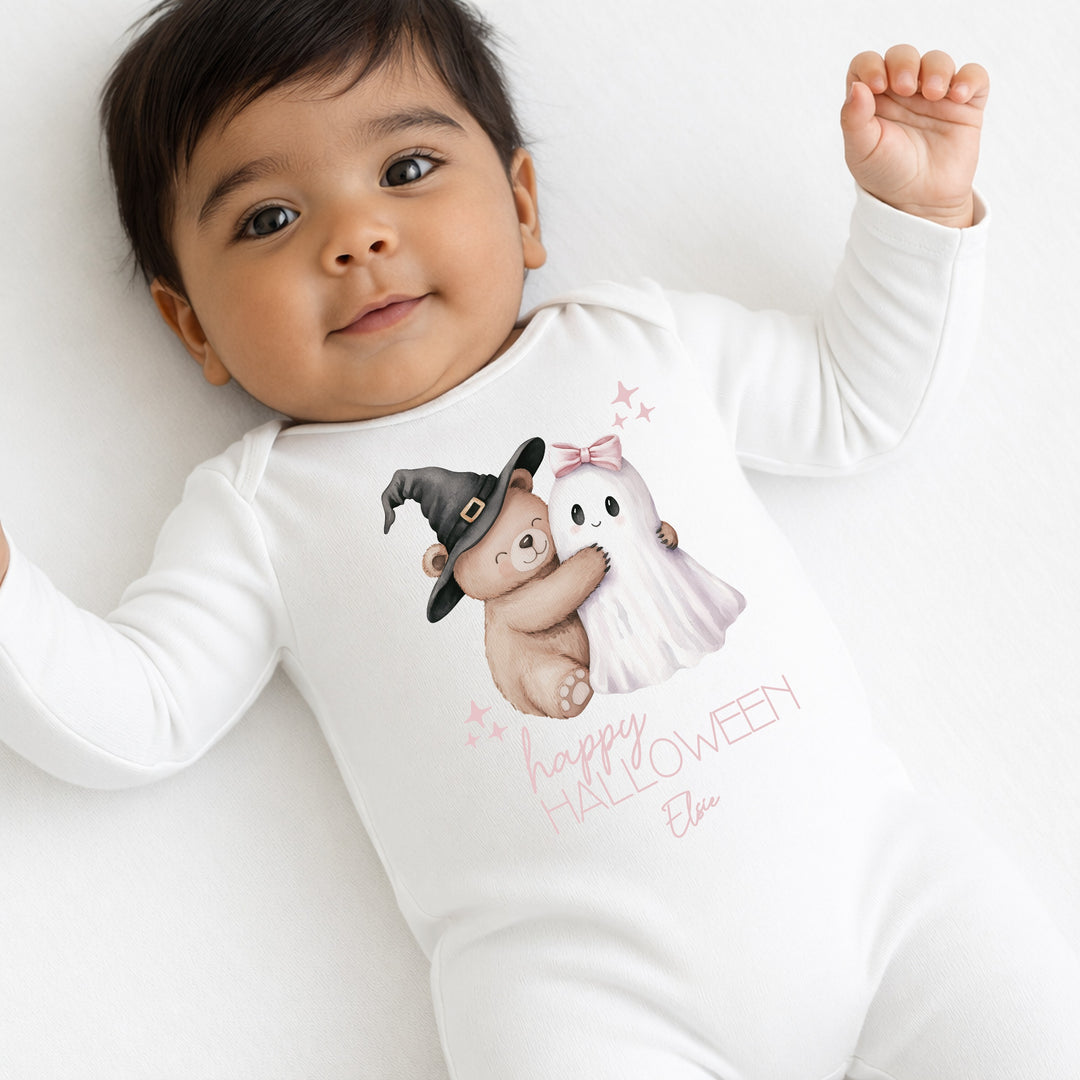Personalised Pink Teddy Ghost My First Halloween Baby Grow or Vest