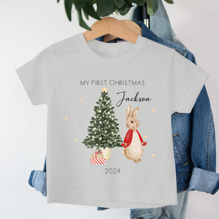 Personalised My First Christmas Red Rabbit Grey T-Shirt