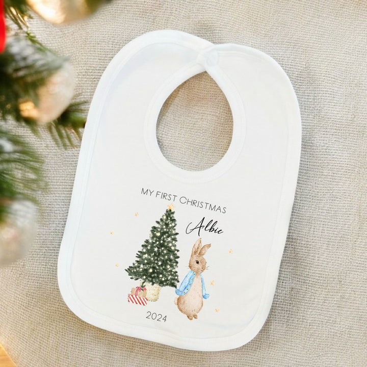 Personalised My First Christmas Blue Rabbit Babygrow/Vest/Bib