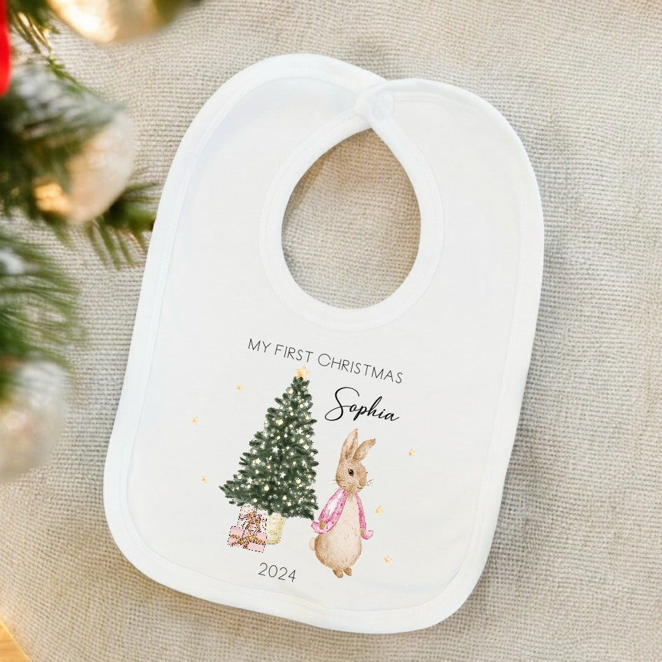 Personalised My First Christmas Pink Rabbit Tree Babygrow/Vest/Bib