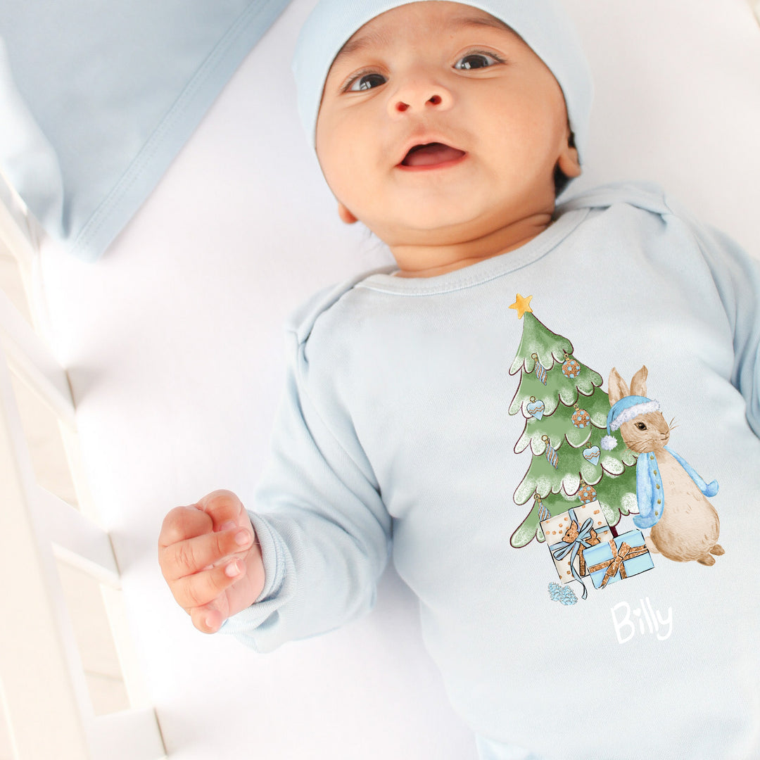 Personalised Blue Rabbit Christmas Blue Babygrow and optional Hat