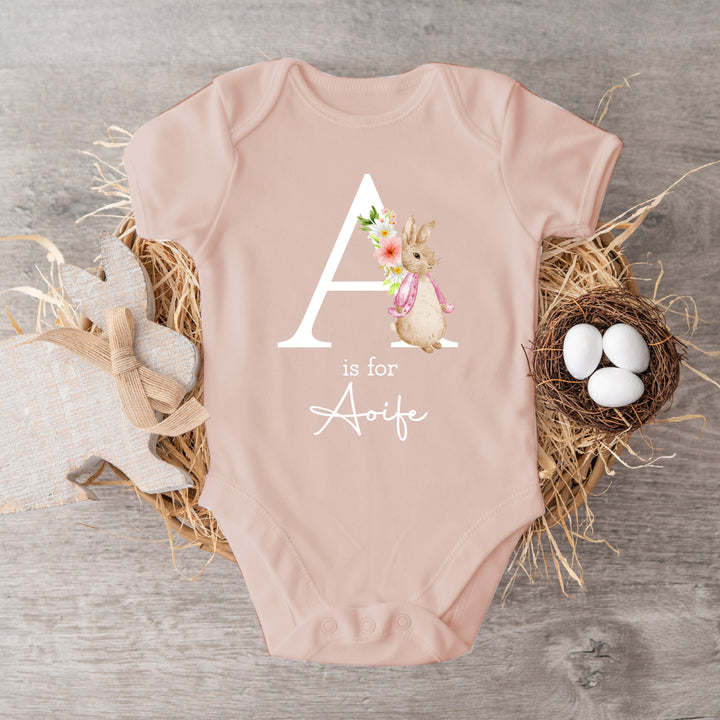 Personalised Pink Rabbit Initial Babygrow with optional Heaband, Romper & Blanket