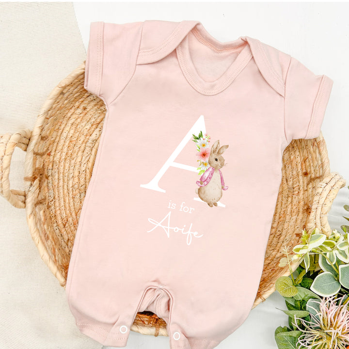 Personalised Pink Rabbit Initial Babygrow with optional Heaband, Romper & Blanket