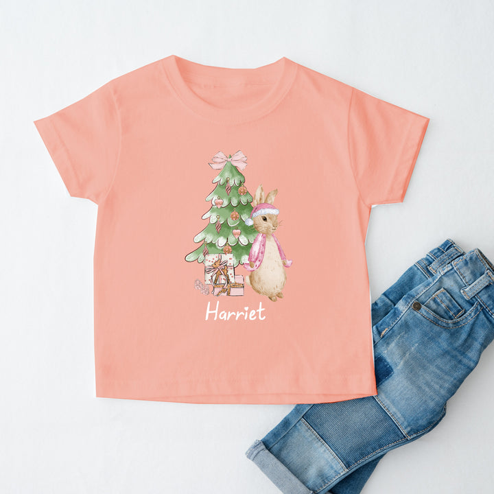 Personalised Pink Rabbit Christmas Tree Children's T-shirt