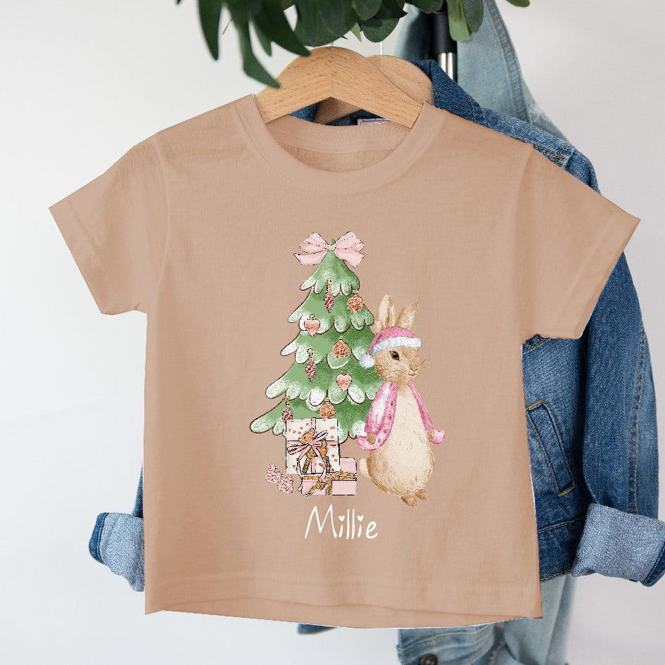 Personalised Pink Rabbit Christmas Tree Children's T-shirt