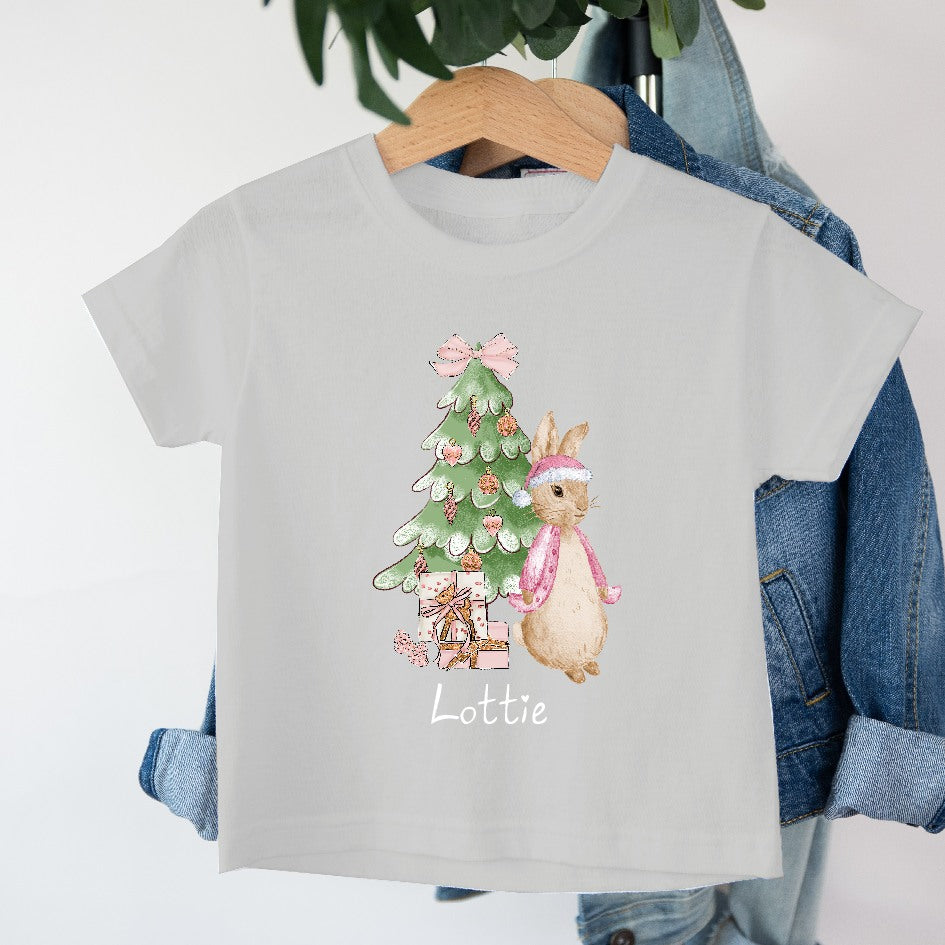 Personalised Pink Rabbit Christmas Tree Children's T-shirt