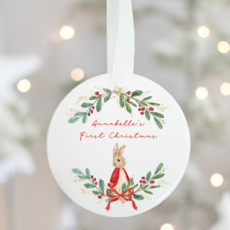 Personalised Red Rabbit Wreath Baby's First Christmas Ceramic Ornament Bauble