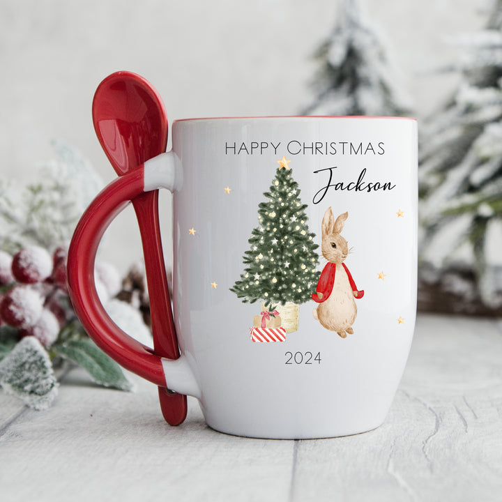 Personalised Happy Christmas Red Rabbit Hot Chocolate Mug