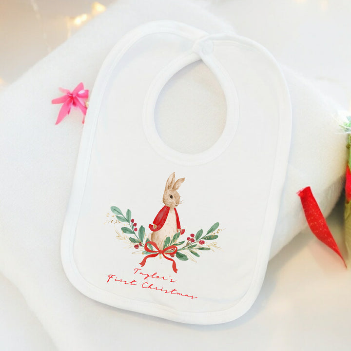 Personalised Red Rabbit Wreath First Christmas Bib