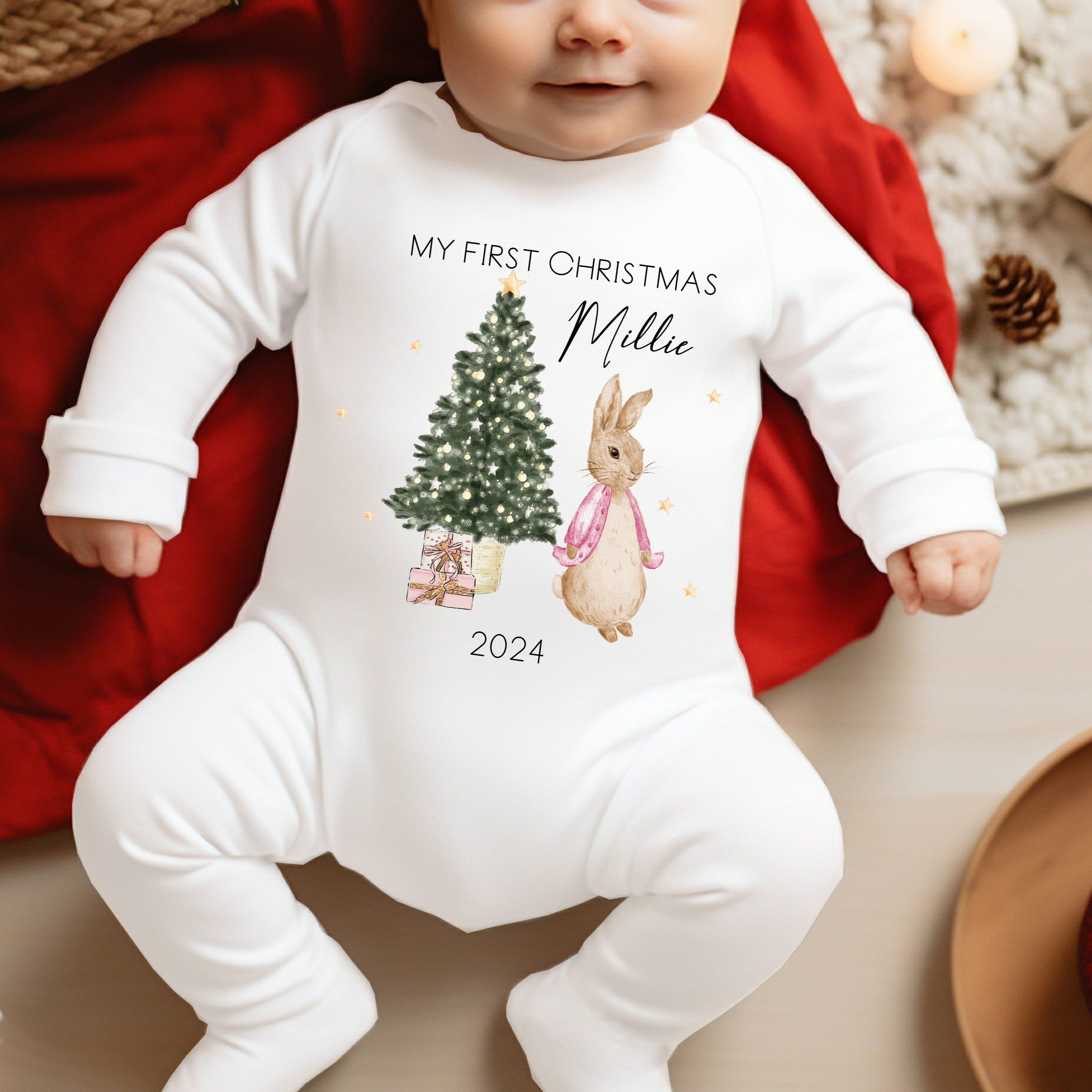 Personalised My First Christmas Pink Rabbit Tree Babygrow Vest Bib