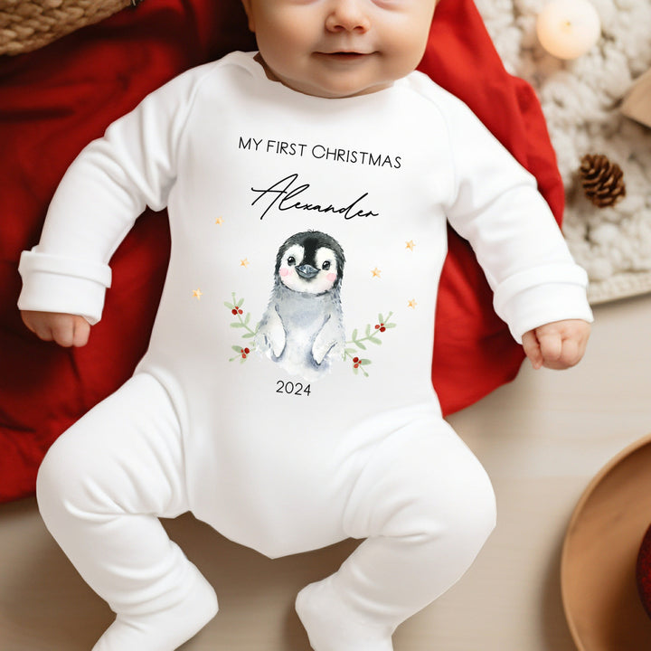 Personalised My First Christmas Little Penguin Babygrow/Vest/Bib