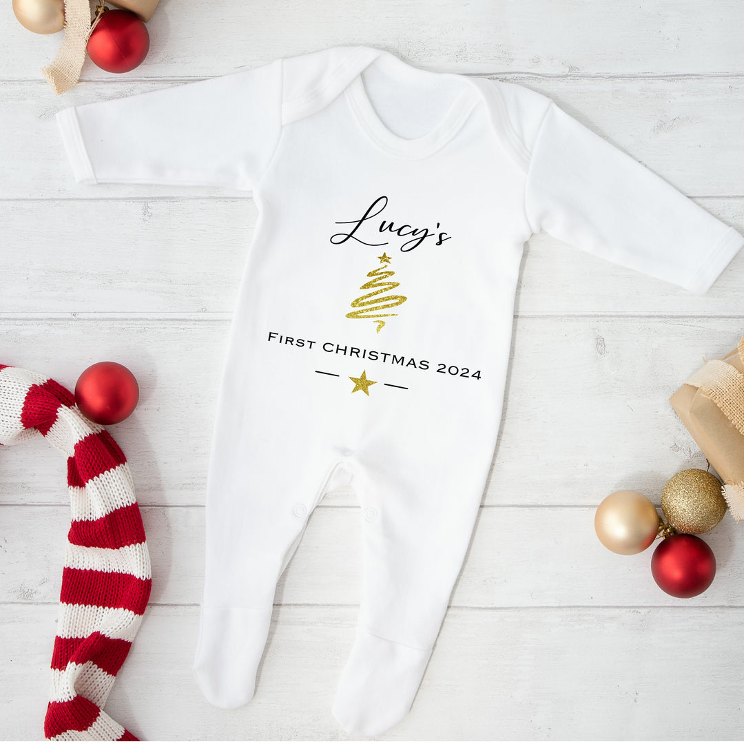 Personalised First Christmas Gold Christmas Tree Babygrow