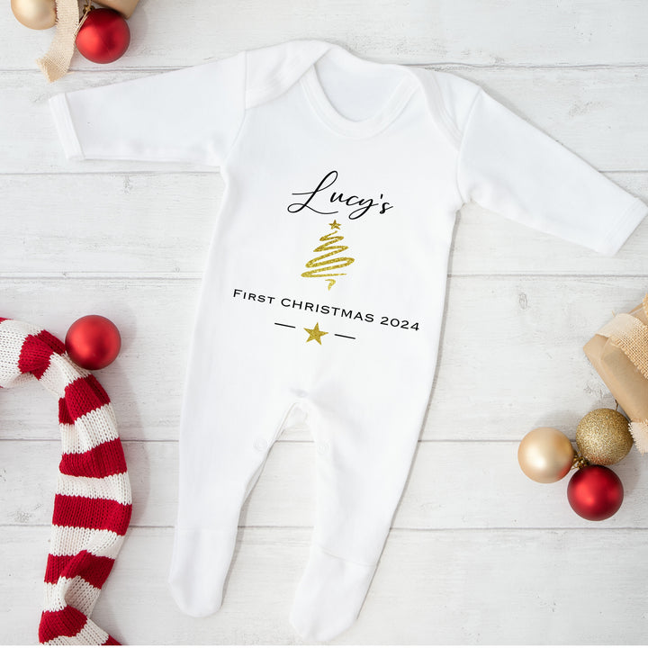 Personalised First Christmas Gold Christmas Tree Babygrow