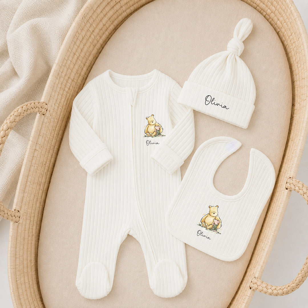 Personalised Pooh Bear 3 Piece Ribbed Coming Home Outfit