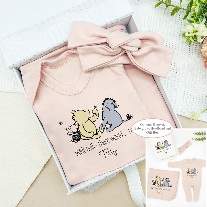 Personalised Hello There Pooh Bear Pink Hamper Clothing Gift Set