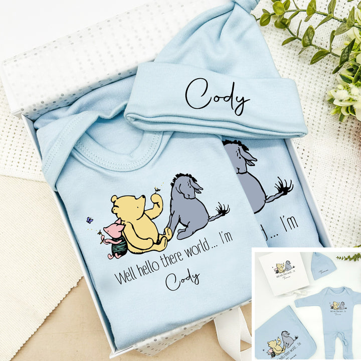 Personalised Hello There Winnie the Pooh Blue Hamper Clothing Gift Set