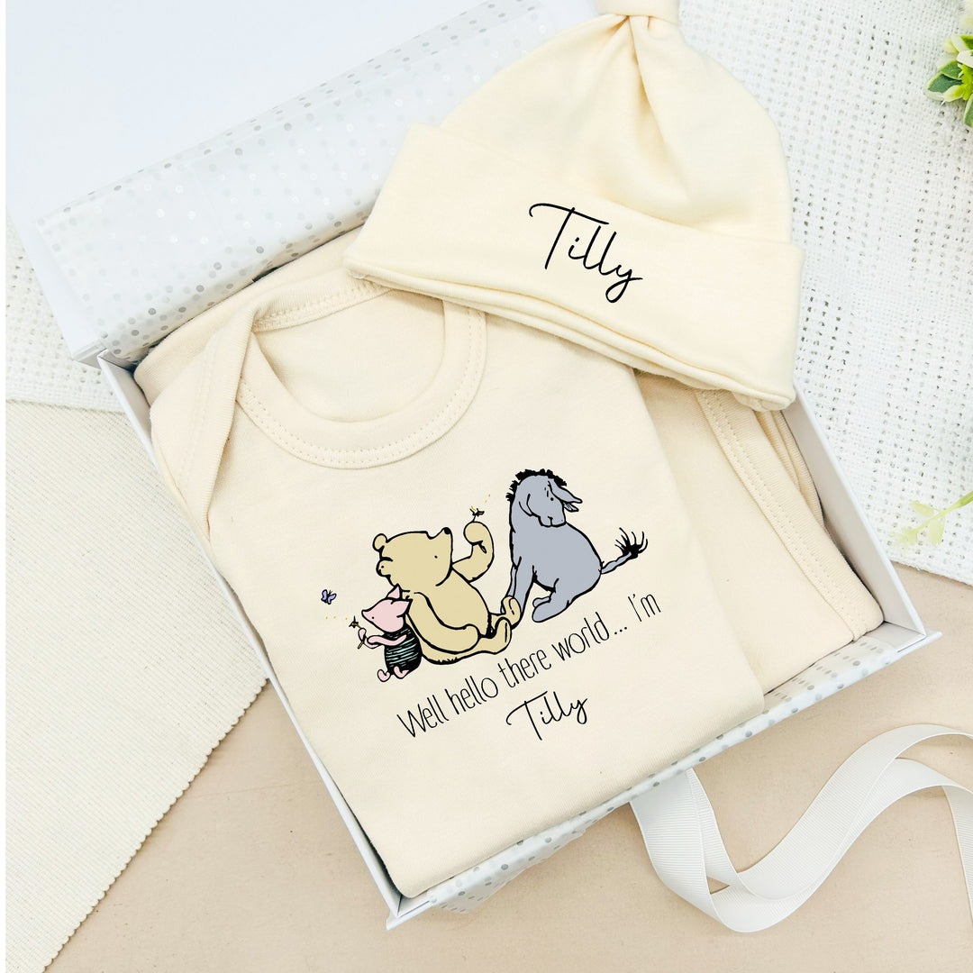 Personalised Hello There Pooh Bear Beige Hamper Clothing Gift Set