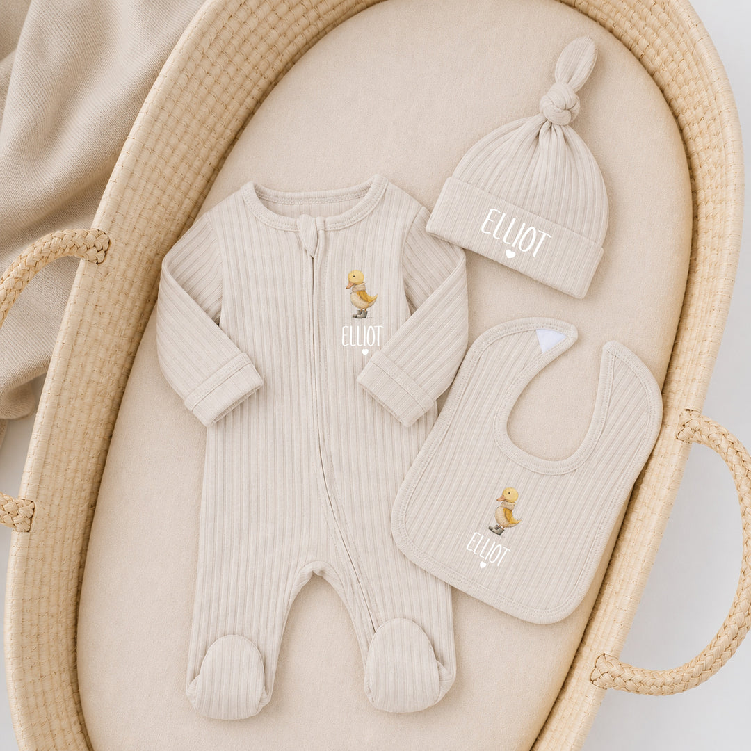 Personalised Yellow Duck 3 Piece Ribbed Coming Home Outfit