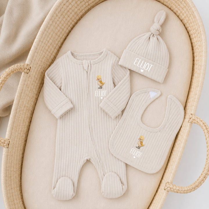 Personalised Yellow Duck 3 Piece Ribbed Coming Home Outfit