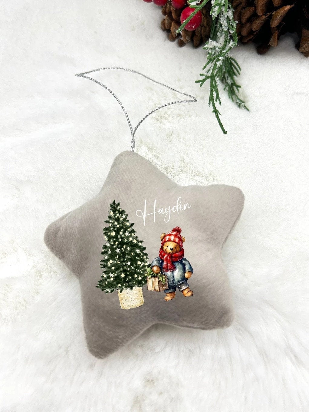 Personalised Classic Winnie the Pooh Tree Star Ornament | Pink, Blue, Grey and White l 1st Xmas Keepsake l My First Decoration | Velvet