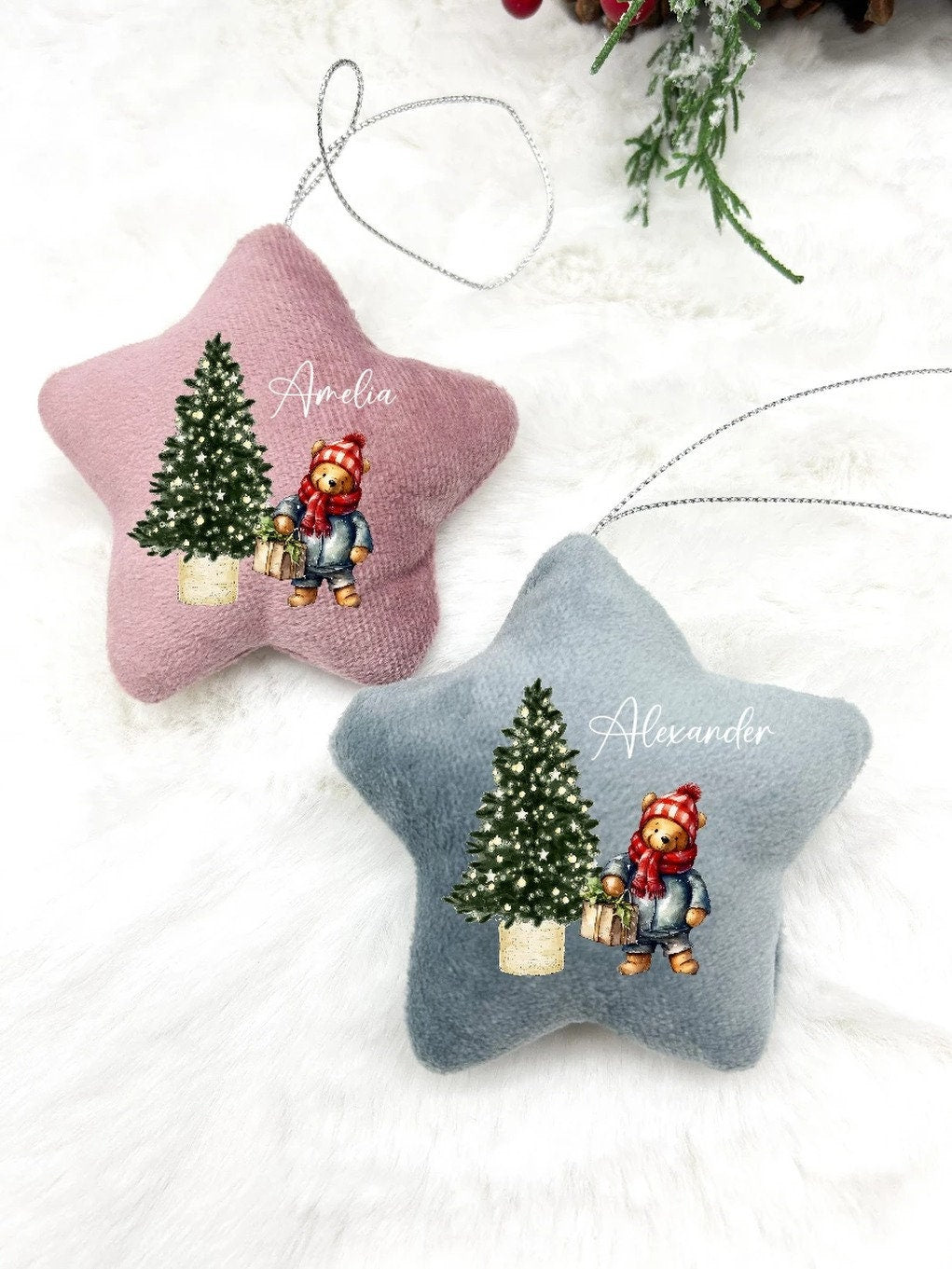 Personalised Classic Winnie the Pooh Tree Star Ornament | Pink, Blue, Grey and White l 1st Xmas Keepsake l My First Decoration | Velvet